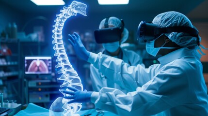 Medical doctors doing virtual training with the help of VR technology.
