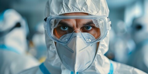 Wall Mural - Worker in pharmaceutical clean room wearing protective gear for chemical production. Concept Pharmaceutical Manufacturing, Clean Room Protocol, Chemical Production, Worker Safety, Protective Gear