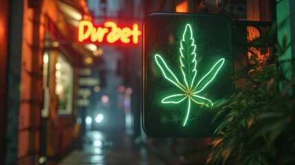 Sticker - Neon sign of cannabis leaf in city street at night.