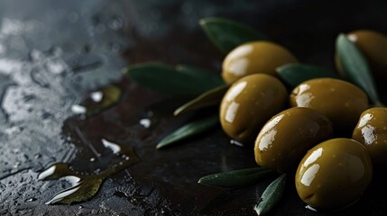 Wall Mural - Natural olives displayed on a dark surface