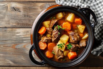 Wall Mural - Classic Irish Stew with lamb and vegetables in pot top view