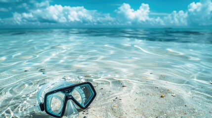 Poster - A pair of scuba diving goggles lay on the sandy beach, with azure waters and blue skies creating a picturesque natural landscape. Vision care eyewear for underwater adventures AIG50