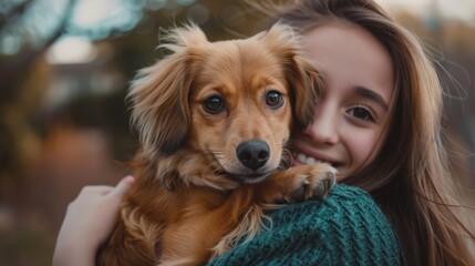 Dog at shoulder of a kid in outdoor park