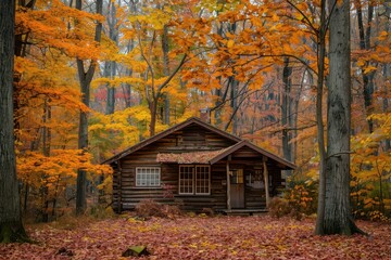 Wall Mural - cozy rustic woodland cabin surrounded by vibrant autumn foliage seasonal landscape photography
