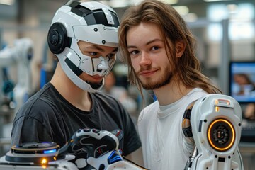 Wall Mural - A young man and woman interact with robotic technology, showcasing human-robot collaboration in a tech lab