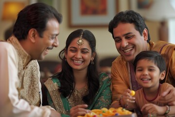 Wall Mural - A close-up image of an Indian family laughing and playing games together indoors.