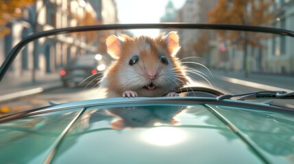 Wall Mural - Cute hamster driving a car on road