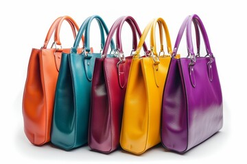 Wall Mural - Collection of colorful leather handbags for women on white backdrop