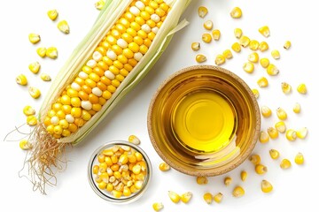 Sticker - Corn oil and fresh sweet corn isolated on white background Top view