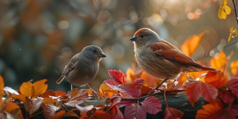 Two birds are perched on a branch surrounded by leaves