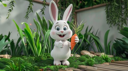 Wall Mural - 3D Cartoon character of happy rabbit with a carrot