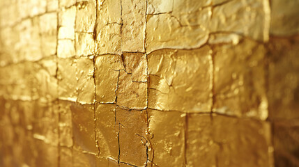 Cracked Golden Surface Background. Close-Up of a Wall Covered with Square Tiles, with a Focus on Texture and Light