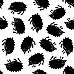 Wall Mural - Vector isolated illustration of pattern with silhouettes of hedgehogs. Black and white pattern with animals.