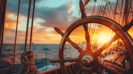 Poster - Deck view with ship wheel from a sailing ship with beautiful seascape at sunset.