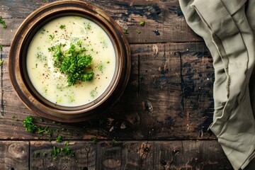 Wall Mural - Creamy broccoli soup in bowl on dark wooden surface from above