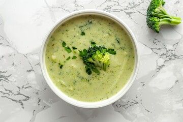 Wall Mural - Creamy broccoli soup in white bowl on white granite backdrop top view