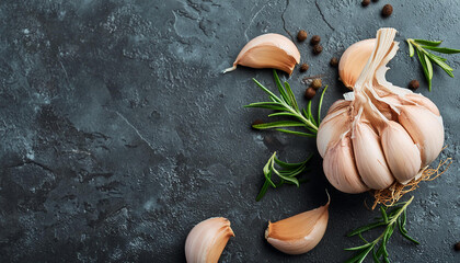 Fresh garlic on dark stone kitchen table. Organic and healthy. Natural product. Top view, flat lay.