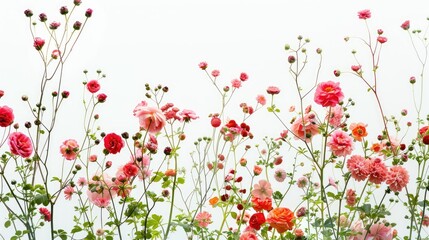 Wall Mural - Vibrantly colored flowers in pink red and green against a white backdrop