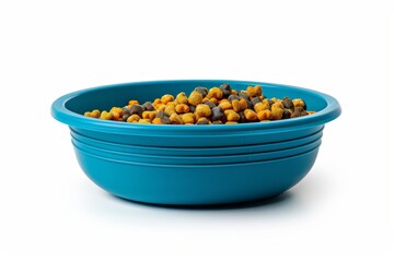 Wall Mural - Cyan plastic bowl with pet food isolated on white background