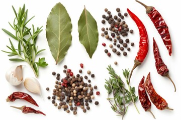 Dried red hot chilli peppers garlic peppercorn mix bay leaves rosemary and fresh parsley herbs Spicy aromatic ingredients for cuisine on white backg