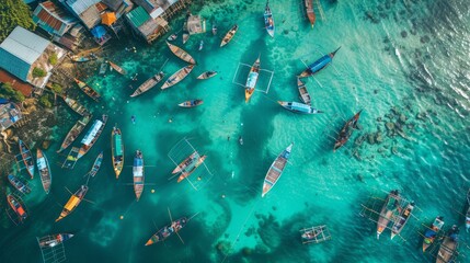 Bustling fishing village with traditional boats on turquoise sea, travel and cultural diversity concept