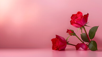 Wall Mural - Valentine's Day design concept background with pink and red rose flower on pink table background, Valentines, Spring or Mothers day, generative ai
