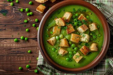 Canvas Print - Green pea soup and croutons on rustic wooden background