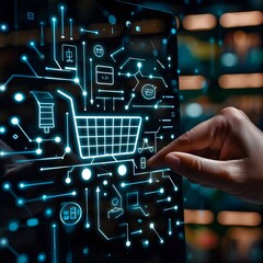 hand touching virtual shopping cart icon on digital screen, online retail concept