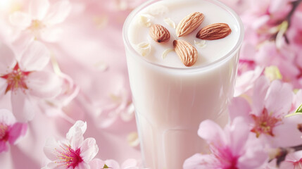 Wall Mural - Organic almond milk in a glass beaker. Stands beside delicate flowers isolated on a light pink background.