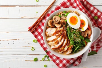 Wall Mural - Ramen with chicken veggies mushrooms and egg on a red napkin on a white table Top view healthy eating