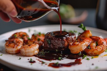 Sticker - Sauce poured on beef fillet with shrimp on plate