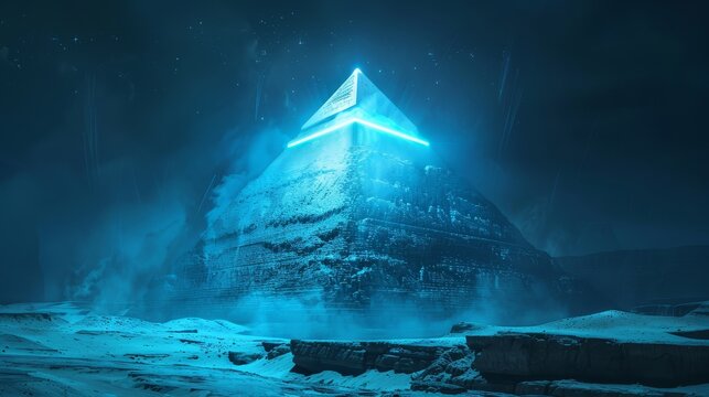 Glowing Pyramid in a Mystical Landscape - A pyramid with a blue neon light shines brightly against a dark, starry sky in a mystical landscape.