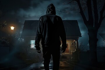 Night’s Enigma: Suspicious Silhouette of a Hooded Man Lurking by a House