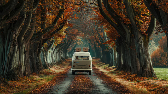 A vintage camper van with luggage box on top driving on dirt road in countryside with colorful Autumn woods
