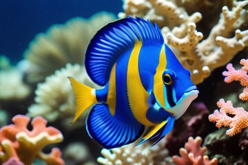 Wall Mural - Colorful tropical fish on the background of a coral reef.