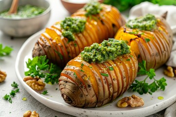 Wall Mural - Sliced sweet potatoes with walnut kale and parsley pesto on plate Vertical close up with empty space