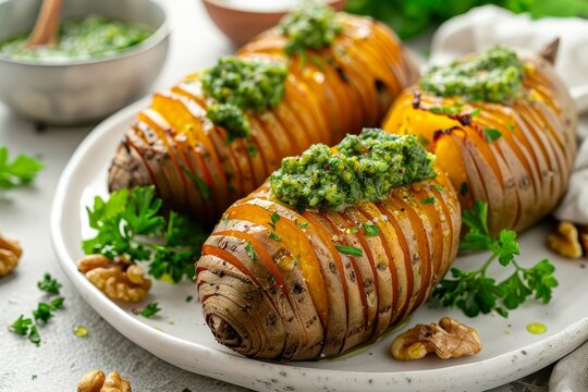 Sliced sweet potatoes with walnut kale and parsley pesto on plate Vertical close up with empty space
