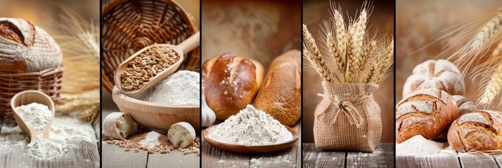 Photo collage of bakery healthy organic studio theme with bread, wheat grain, wheat ear, flour.