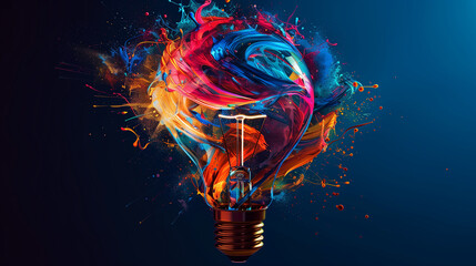 Light bulb exploding with colorful paint splashing, concept of creativity