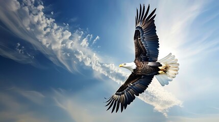 Wall Mural - Bald eagle gliding against blue sky and white wispy clouds