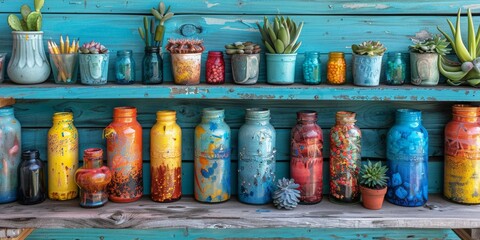 a shelf adorned with an array of vibrant vases and potted plants
