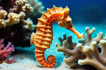 Wall Mural - Seahorse on the background of a coral reef.