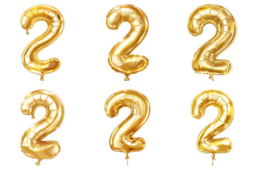 Set of Number 2 Golden Balloon Isolated on Transparent PNG Background. Generative ai