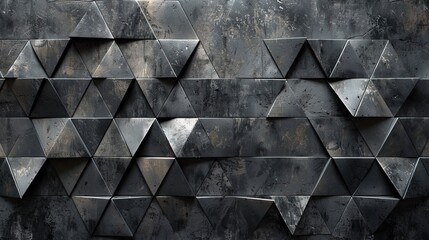 Wall Mural - Abstract black geometric background with triangle pattern, seamless texture. Modern wallpaper design for banner, poster or packaging. Dark gray metal triangles on grunge wall backdrop