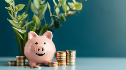 Pig piggy bank and seedlings grown with coin stack - investment ideas for growth