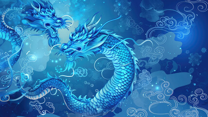 Wall Mural - Happy New Year, Blue Dragon, Zodiac sign year of the Blue Dragon, Happy New Year Zodiac sign Dragon on Blue background papercut