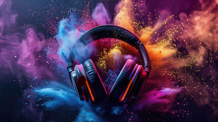 Wall Mural - Headphone and vivid color powder. Creative music and festival concept. Generative Ai.