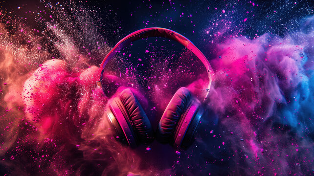 Headphone and vivid color powder. Creative music and festival concept. Generative Ai.