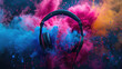 © Pavithiran - Headphone and vivid color powder. Creative music and festival concept. Generative Ai.