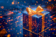 © Karrrtinki - Blue gift box with orange ribbon bow in digital cyberspace, representing virtual presents and online celebrations in a tech-driven, futuristic world